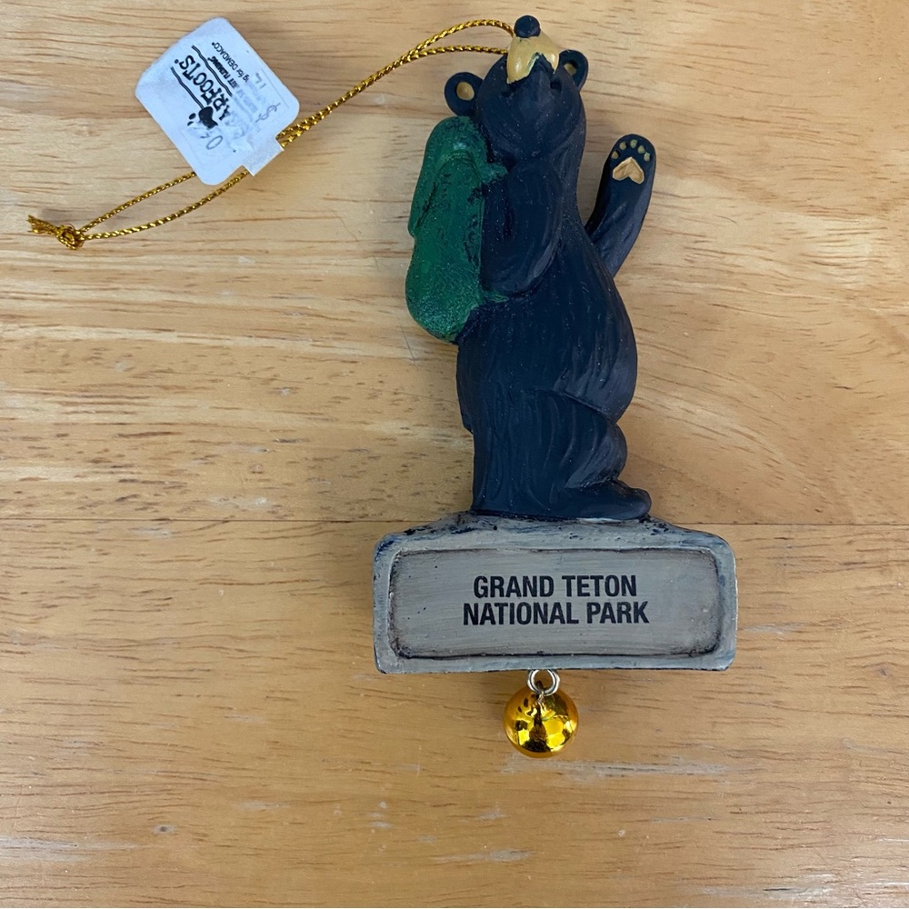 Grand Teton National Park Black Bear Ornament with Green Backpack